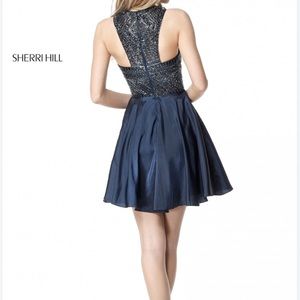 Brand New Sherri Hill #51302 Navy - Beaded bodice with taffeta cocktail skirt.